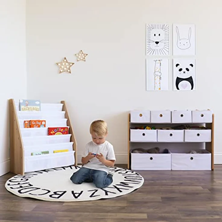 Humble Crew Kinderregal aus Holz – Spielzeugregal mit 6 Stoffboxen, Aufbewahrungsregal für Kinderzimmer, Natur/Weiß – Bild 4