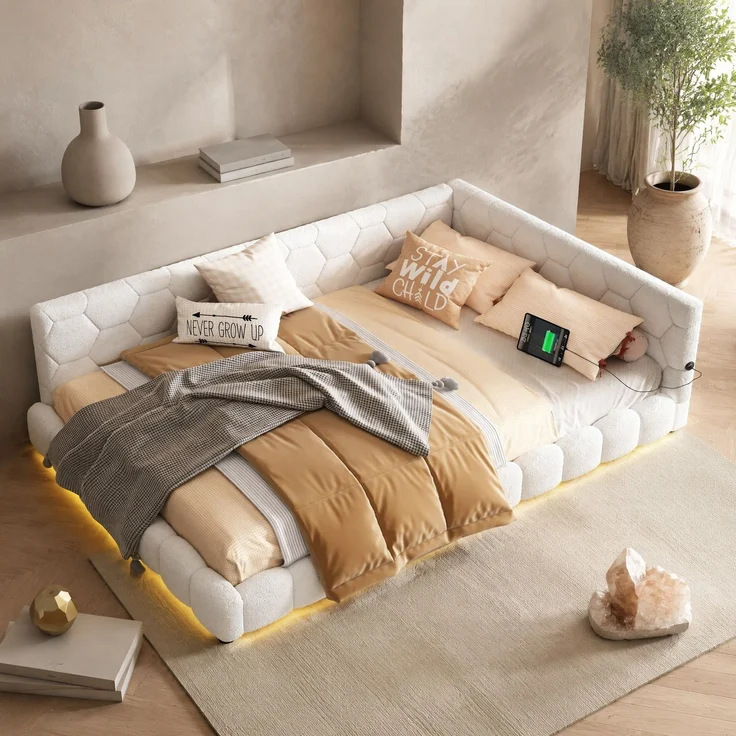 CHICFURN Daybett aus Vliesimitat, Weiß, 140x200 cm, mit LED-Umgebungslicht, USB- und Type-C-Anschluss – Bild 1