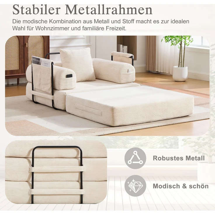 LVHOM 3-in-1 Schlafsessel, Klappsofa mit Schlaffunktion, Einzelschlafsofa mit Seitentaschen und Kissen, Polstersofa aus Cordstoff, frei Kombination, Beige – Bild 6