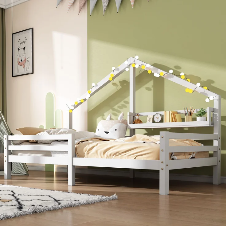 Bett 90x200 cm Hausbett aus Kiefernholz mit Regal – skandinavischer Stil – Bild 5