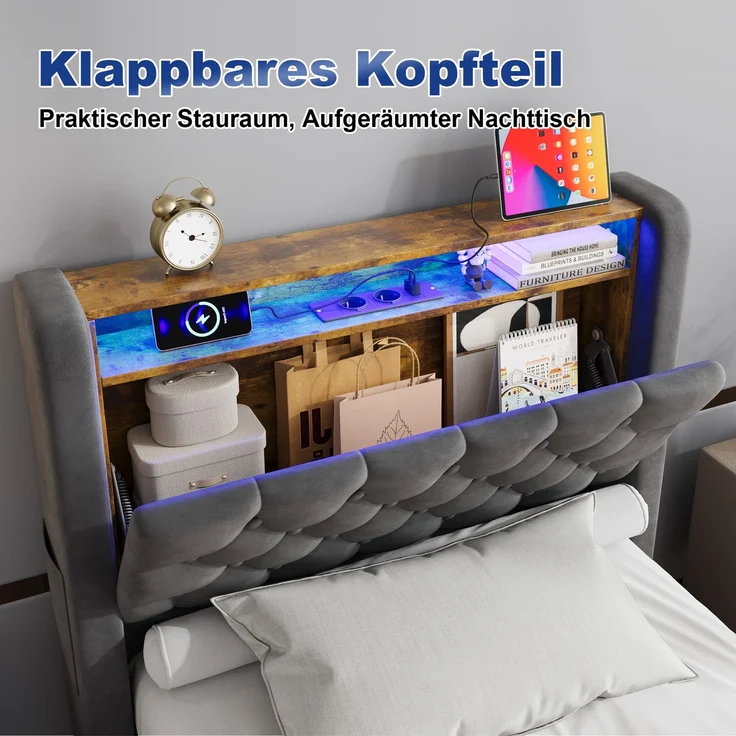 Polsterbett 90x200 cm, Grau, Holland-Velours, LED, USB-C, hydraulischer Stauraum (ohne Matratze) – Bild 5