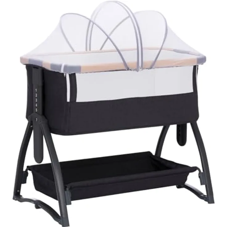 Fillikid Beistellbett Scandic, höhenverstellbar mit Wippfunktion, inkl. Matratze, Innenbezug & Mückennetz - Grau Melange
