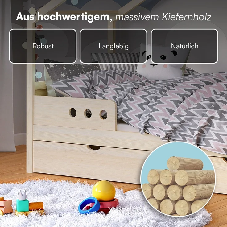Bellabino 'Bela' Hausbett 90x200 cm mit großer Schublade, natur, Kiefer Massivholz, Montessori Kinderbett mit Stauraum, inkl. Rausfallschutz und Lattenrost – Bild 6