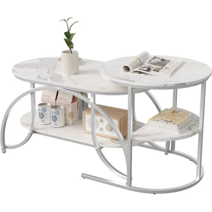 FUROKOY Couchtisch Beistelltisch Sofatisch wohnzimmertisch kaffeetisch 2er set (Runder Tisch Oval), Modern design Couchtisch mit Silber beinen,Marmoroptik,Silber + Weiß