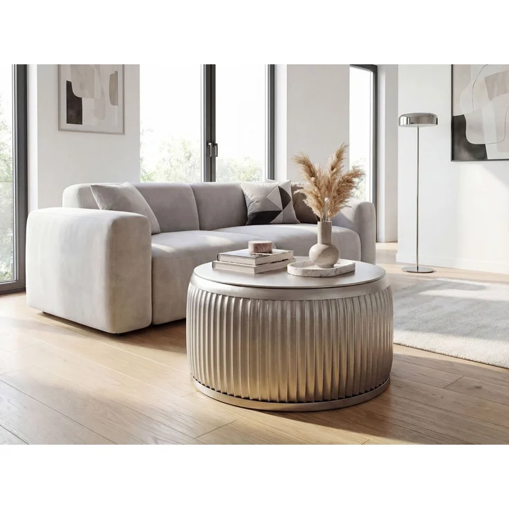 FINEBUY Couchtisch FB76466 Metall Silber Sofatisch 60cm Stauraum Wohnzimmertisch Rund (Extravaganter Tisch mit feiner Rillenoptik), Clevere Tischplatte ist komplett abnehmbar – Bild 2