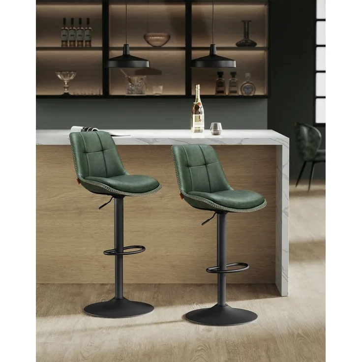 Vasagle Barhocker 2er Set, Barstühle höhenverstellbar, drehbare Küchenhocker, gesteppter PU-Bezug, mit Rückenlehne und Fußstütze, Esszimmer, Theke, Stahl, waldgrün LJBDE095C01