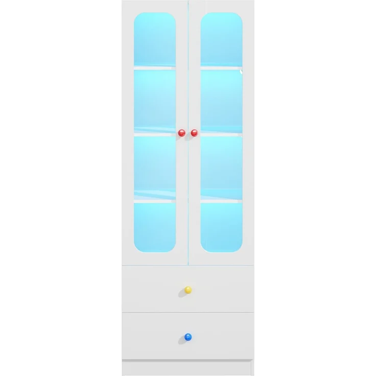 ZUBALIYA Glasvitrine, Aktenschrank, Sammelfiguren-Vitrine, 4 Ebenen Spielzeugschrank mit 2 Schubladen, RGB-LED-Beleuchtung per App steuerbar, Kindermöbel, bunte kugelförmige Keramikgriffe, weiß, 60x35x170 cm – Bild 12