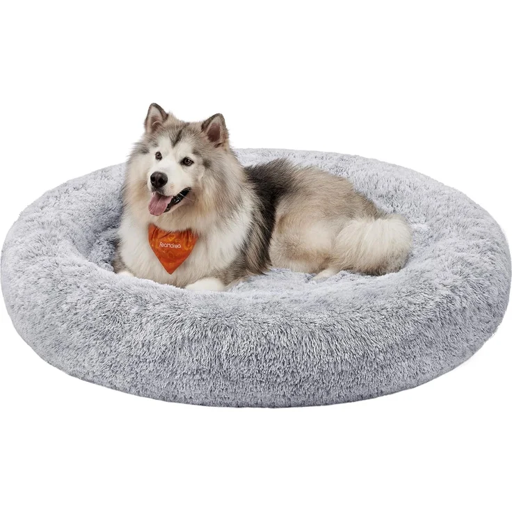 Feandrea Hundebett flauschig, Katzenbett, Donut Kissen, waschbar, Polsterung in der Mitte herausnehmbar, Langer Plüsch, 140 cm Durchmesser, Ombré-Grau PGW044G01