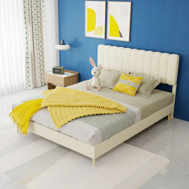 Novelux Modernes Polsterbett 140x200 cm mit weichem Kopfteil – Stabiler Holzbettrahmen aus holländischem Samt Beige, Plattformbett ohne Matratze – Bild 7
