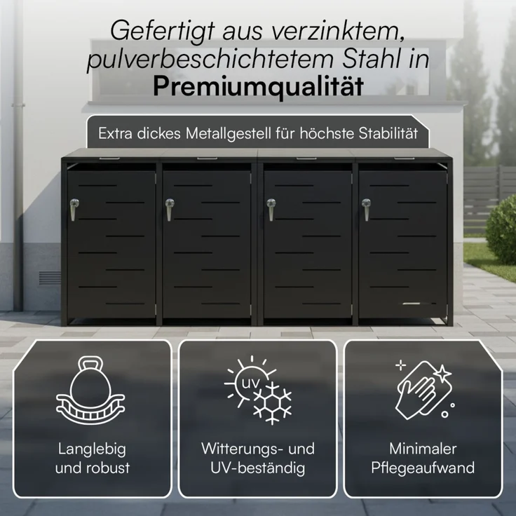 STEELSØN 'Diorus' Mülltonnenbox 4er je 240 Liter, graphitschwarz, Mülltonnenverkleidung aus Stahl mit Sichtstreifen, wetterfest, 116x80x268 cm, abschließbare Müllbox für 4 Tonnen – Bild 8