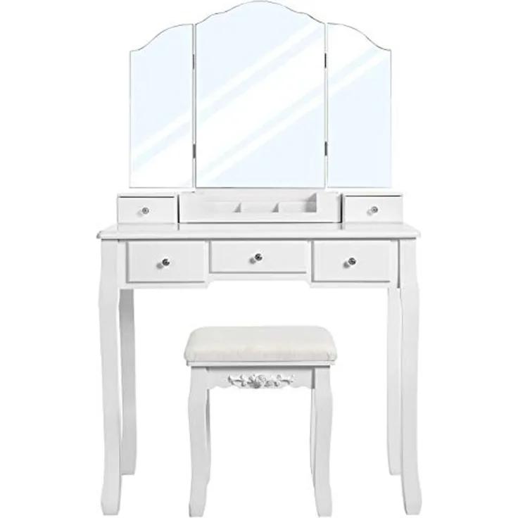 Vasagle Schminktisch mit 5 Schubladen, Frisiertisch mit Hocker, rahmenloser 3-teiliger Klappspiegel, abnehmbare Kosmetikbox, Kosmetiktisch-Set, einfacher Aufbau, weiß von Songmics RDT28WT