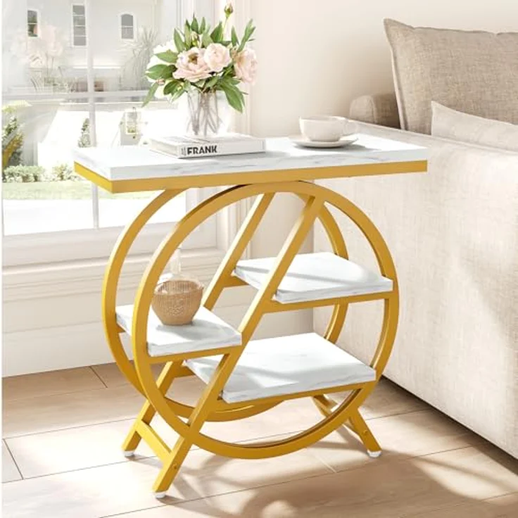 LITTLE TREE Beistelltisch, 4-stöckiger schmaler Beistelltisch aus Kunstmarmor mit großem Stauraum, moderner Nachttisch und Nachttisch für Wohnzimmer, Homeoffice, Schlafzimmer, Weiß und Gold – Bild 5