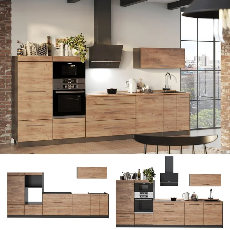 Küchenzeile Fame-Line Goldkraft Eiche/Anthrazit 340 cm, AP Anthrazit Vicco – Bild 4