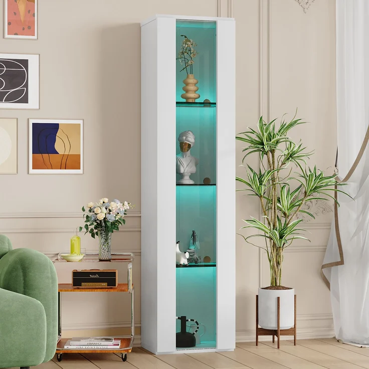 40 x 29 x 170 cm, multifunktionale Vitrine, Glasböden, LED-Farbwechselbeleuchtung, APP-Steuerung, Acrylplatte, wandmontierbar, minimalistisches Design, weiß.--Weiß--40x29x170cm--YOUDENOVA – Bild 8