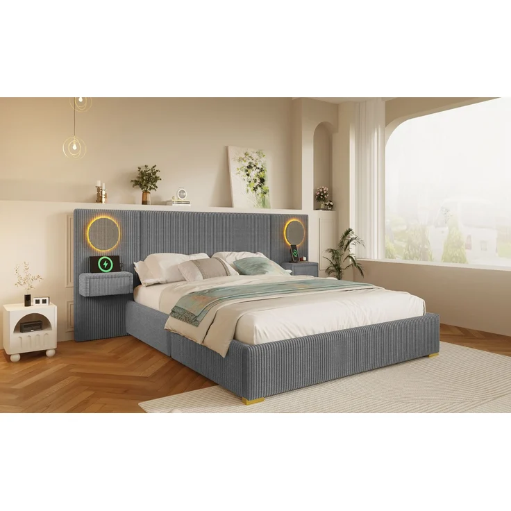 U-life Samtstoff Polsterbett 180x200 cm, fürs Schlafzimmer, USB-Anschlüssen, Samt, Grau – Bild 10