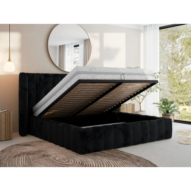 Polsterbett GOLETTA CLASSIC 140 x 200 cm mit gepolstertem Kopfteil, stabilem Bettrahmen, Lattenrost und Bettkasten mit Gasdruckfedern, Doppelbett, zeitloses Design - Schwarz Plüsch – Bild 3