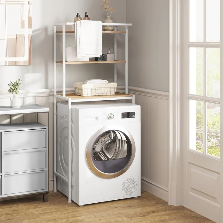 EUGAD Waschmaschinenregal, WC Regal über Waschmaschine Toilette, Waschmaschinenschrank Überbauschrank, Toilettenschrank, 3 Ablagen, Handtuchhalter, Metall Holzwerkstoff, 67 x 162 x 40 cm, Weiß – Bild 3