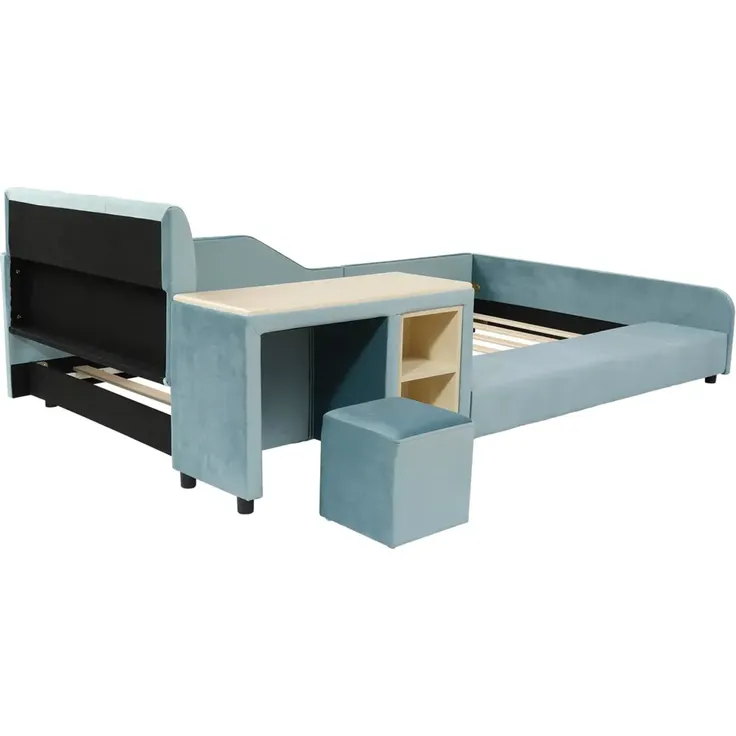 Polsterbett mit Tisch, Hocker, gepolstertem Kopfteil, Lattenrost und Regal, 90x200 cm, Kinderbett, Einzelbett, Samt – Bild 9