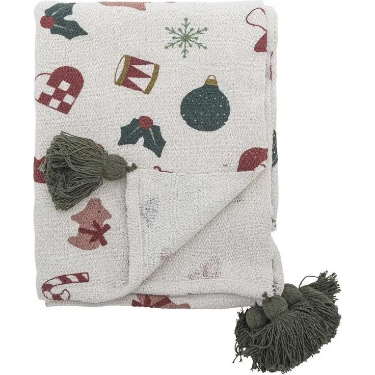 Wolldecke Bloomingville Decke YULE Natur Weihnachtsmotiv Quasten Grün 160x130 cm, Bloomingville