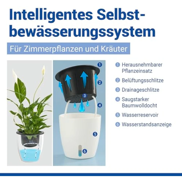 Maximex Selbstbewässernde Pflanztöpfe, 15-teiliges Set, Kräutertöpfe mit Wasserreservoir, automatische Bewässerung für Zimmerpflanzen, Ø 13x13,5 cm, Kunststoff – Bild 6
