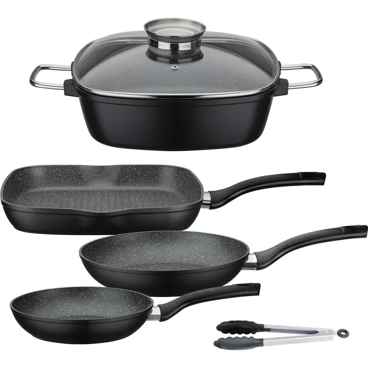 GSW Topf-Set Gourmet Granit, Aluminiumguss (Set, 5-tlg, 1 x Bräter, 1x Grillpfanne 28x28 cm, je 1x Bratpfanne Ø 20/24 cm), Induktion