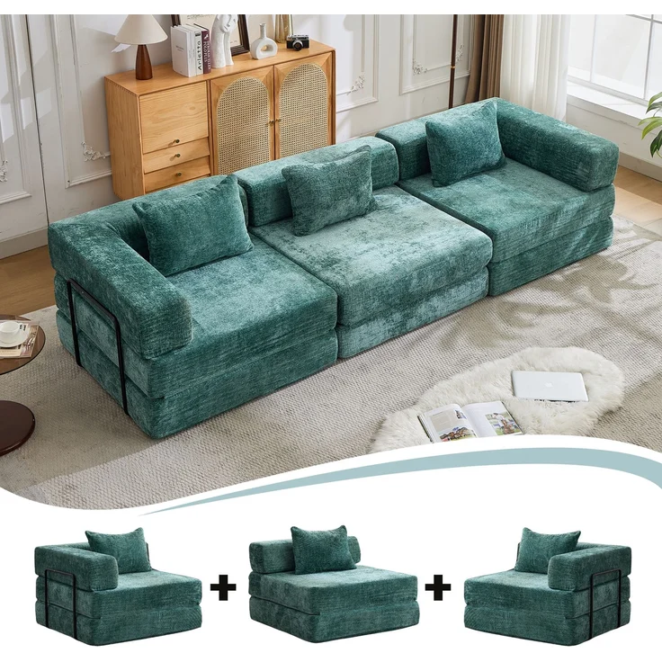 3-Sitzer Schlafsofa B 300 x T 100 x H 63 cm aus Chenille, dunkelgrün – Bild 2