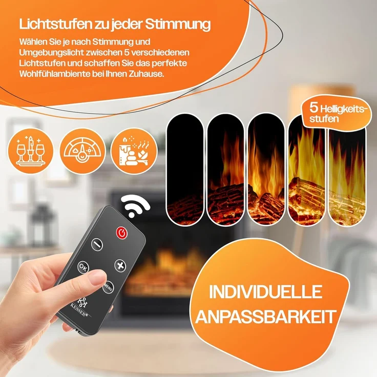 KESSER® Elektrokamin Standkamin - Kamin elektrisch mit LED 3D-Flammeneffekt, Mit Heizung Heizfunktion, Elektro Kamin mit 1800W Leistung, Wochentimer, Thermostat, Fernbedienung, dimmbar Villa / Weiß – Bild 4