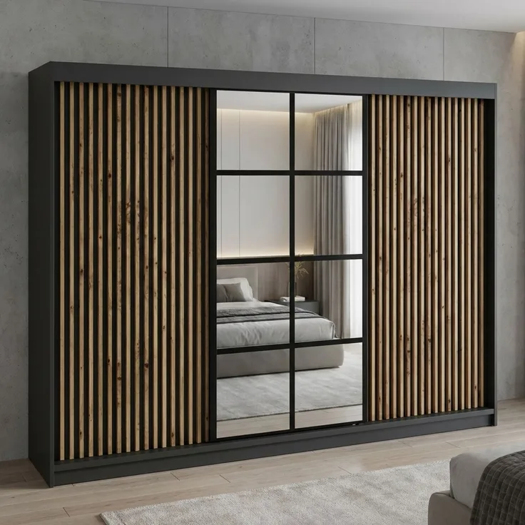 Schwebetürenschrank NORIVO 2-türig Schrank 200 cm (mit Spiegel) Farbe: Schwarz,Schwarz,Schwarz,Schwarz