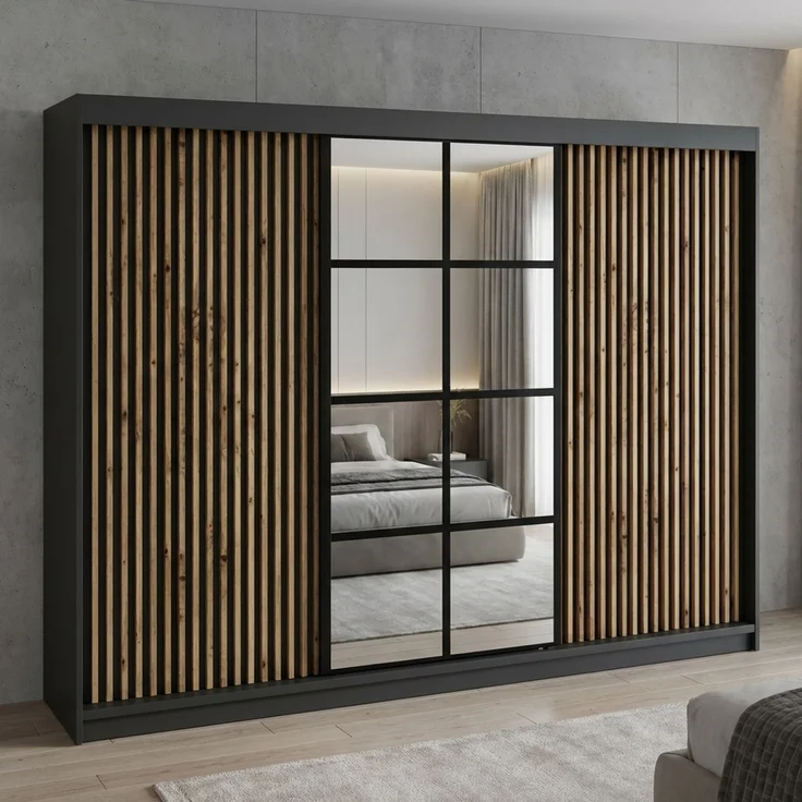 Schwebetürenschrank NORIVO 2-türig Schrank 200 cm (mit Spiegel) Farbe: Schwarz,Schwarz,Schwarz,Schwarz – Bild 1