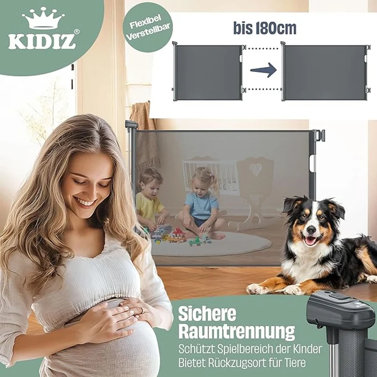 KIDIZ® Treppen- und Türschutzgitter, kindersicher für Babys & Haustiere, inkl. Bodenanker & Montagezubehör, Anthrazit, ausziehbar bis 140/180cm – Bild 4
