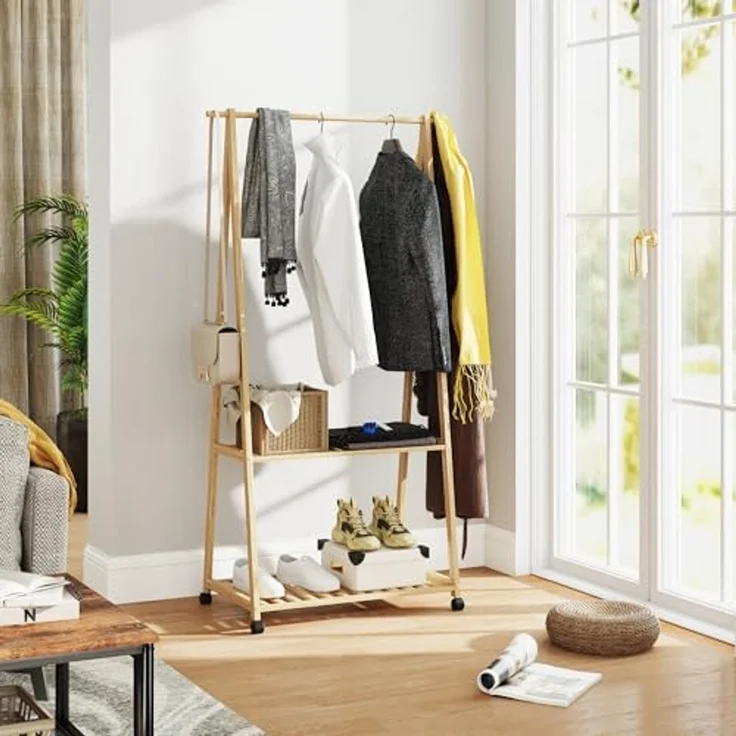 HOMCOM Garderobenständer mit 2 Regalen und 4 Rollen, (Kleidungsständer, 1 St, Kleiderständer mit Schuhregal), für Flur, Wohnzimmer, Schlafzimmer, Naturholz – Bild 2