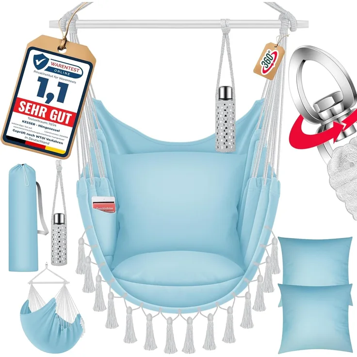 KESSER® Hängesessel mit 2 Kissen Getränkehalter & Bücherfach - Safari XXL Hängestuhl für Erwachsene & Kinder Hängematte bis 150 kg Hängesitz Aufhängung Indoor & Outdoor Wohn & Garten Terrasse Blau / Weiß