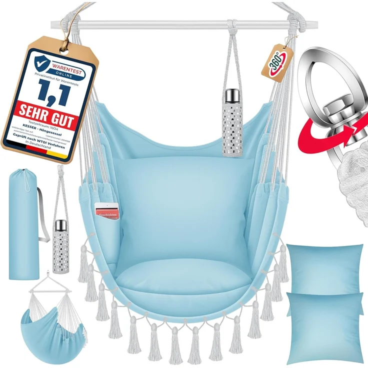 KESSER® Hängesessel mit 2 Kissen Getränkehalter & Bücherfach - Safari XXL Hängestuhl für Erwachsene & Kinder Hängematte bis 150 kg Hängesitz Aufhängung Indoor & Outdoor Wohn & Garten Terrasse Blau / Weiß