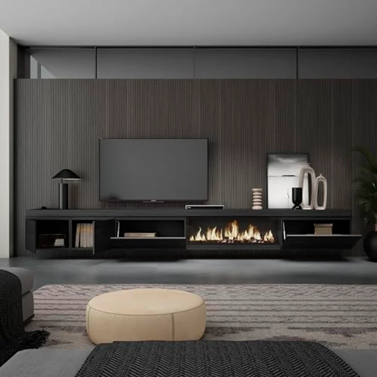 Skraut Home | TV-Schrank, Lowboard | für Wohnzimmer und Esszimmer | 368 x 45 x 35 | Elektrokamin XXL | Hängend | Moderner Stil | Schwarz – Bild 5