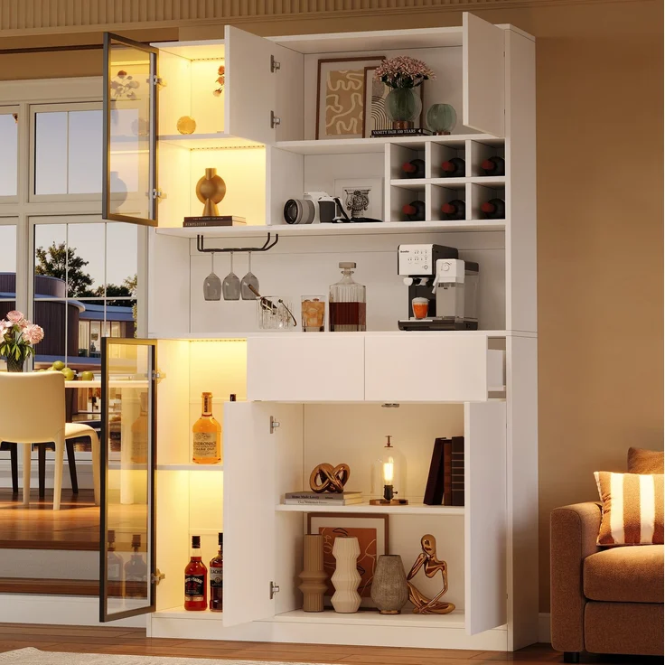 Hochschrank 120 x 33 x 200 cm in Weiß mit LED-Beleuchtung, Glastüren und Schubladen – Bild 2