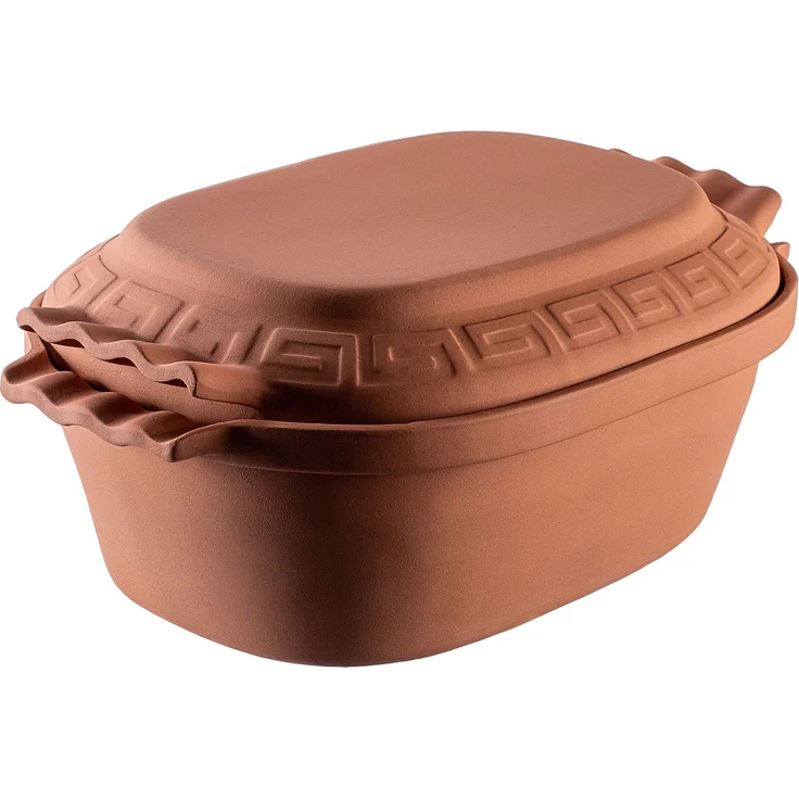 KADAX Ovaler Tonbräter, Keramiktopf mit Deckel und Seitengriffen, Dampfgarer aus natürlichen Materialien, Auflaufform für fettfreies Kochen, Brätertopf (6L) – Bild 5