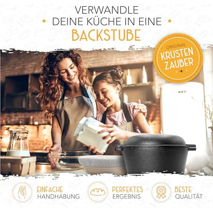 Krustenzauber Brotbackform 26cm Gusseisen Topf Brot Backen inkl. Gärkorb, (Robuster Brottopf mit Deckel - Idealer Brotbacktopf), Brotbackset Gusseisentopf Brotbacken, Brot Backen Zubehör, Brotform – Bild 3
