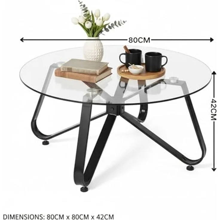 FurnitureR Sofa Set mit Couchtisch, Modernes 2-Sitzer Sofa aus Bouclé Stoff und Runder Glastisch 80 cm, Wohnzimmer Möbel Set im Skandinavischen Stil, Cremeweiß – Bild 3