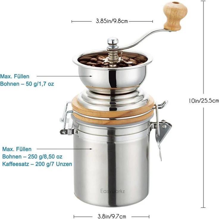 Easyworkz Manuelle Kaffeemühle Edelstahl Einstellbar Espresso Silber – Bild 2