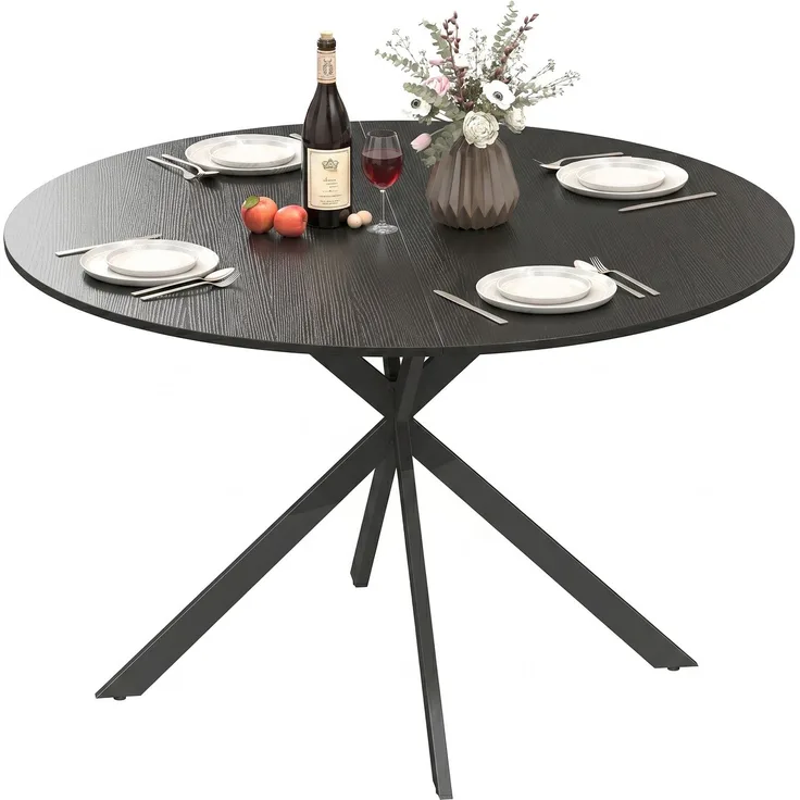 Runder Esstisch für 4 Personen, Küchentisch im Industriestil mit Stahlbeinen, für Esszimmer, Küche, Schwarz--Schwarz--75x120x120cm--CHENHAONING