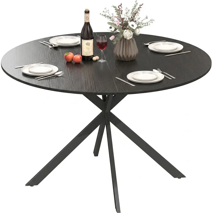 Runder Esstisch für 4 Personen, Küchentisch im Industriestil mit Stahlbeinen, für Esszimmer, Küche, Schwarz--Schwarz--75x120x120cm--CHENHAONING – Bild 1