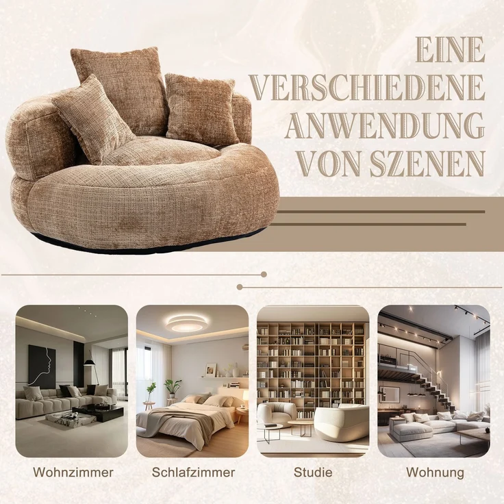 Lazy Sofa Durable Komfort Lounger hohen Rücken Sitzsack Stuhl Couch mit drei Kissen für Erwachsene und Kinder, Indoor & Outdoor, Single Gaming Sofa Stuhl für Schlafzimmer, Büro (Kaffee Chenille)--Kaffee--108x108x52cm--YOUDENOVA – Bild 5