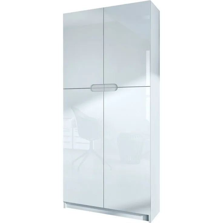 Vladon Büroschrank Logan V1, Aktenschrank mit 5 Fächern und 4 Türen, Weiß matt/Weiß Hochglanz (82 x 185 x 37 cm)
