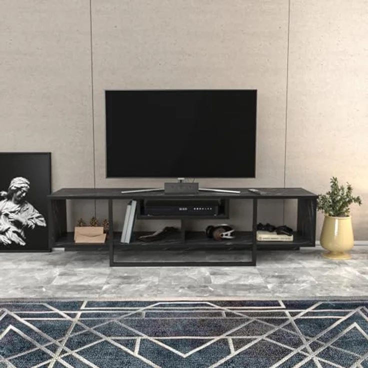 Hanah Home Stylish Black TV Stand, 150 cm Wide, 35.2 cm Deep, 40 cm High | 100% Melamine Coated Particle Board, 18 mm Thick | Perfect for Modern Living Rooms – Bild 1