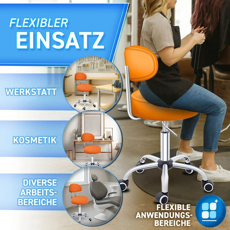 TRESKO Rollhocker Orange mit Lehne Arbeitshocker Hocker Drehhocker Kosmetikhocker Praxishocker – Bild 5