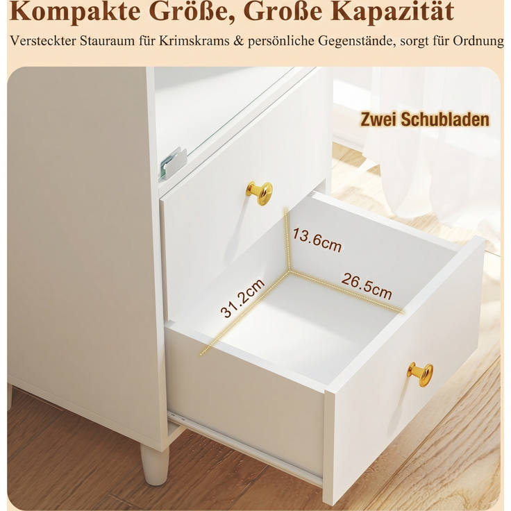Vitrine mit LED-Beleuchtung, modernes Bücherregal mit Glastüren und 2 Schubladen, Vitrine für Sammlerstücke, moderner Stil mit goldenen Griffen, weiß–H165/B40/T35cm--Weiß--40x35x165cm--YOUDENOVA – Bild 6