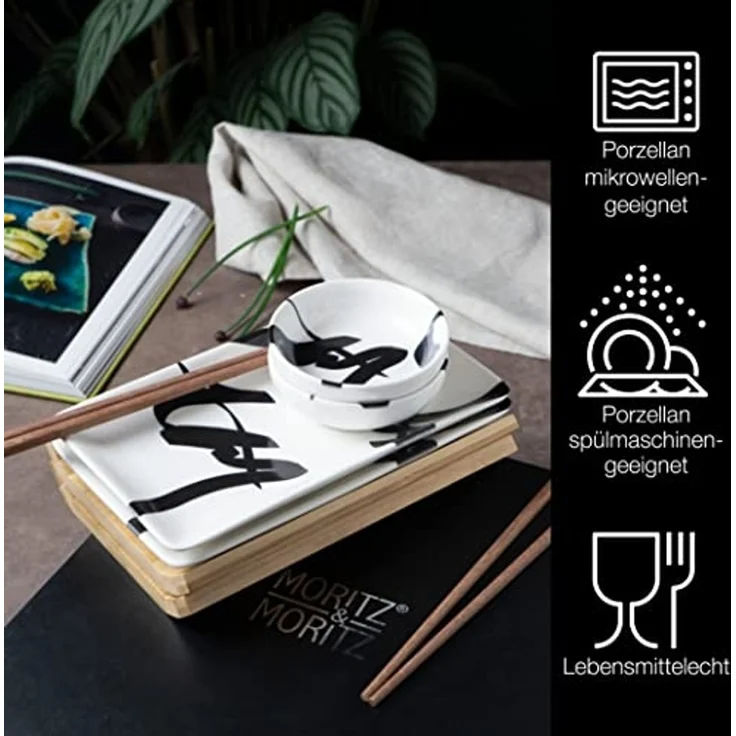 Moritz & Moritz Tafelservice Sushi Set 10tlg Pinselschrift Schwarz (8-tlg), 2 Personen, Porzellan, Geschirrset für 2 Personen – Bild 3