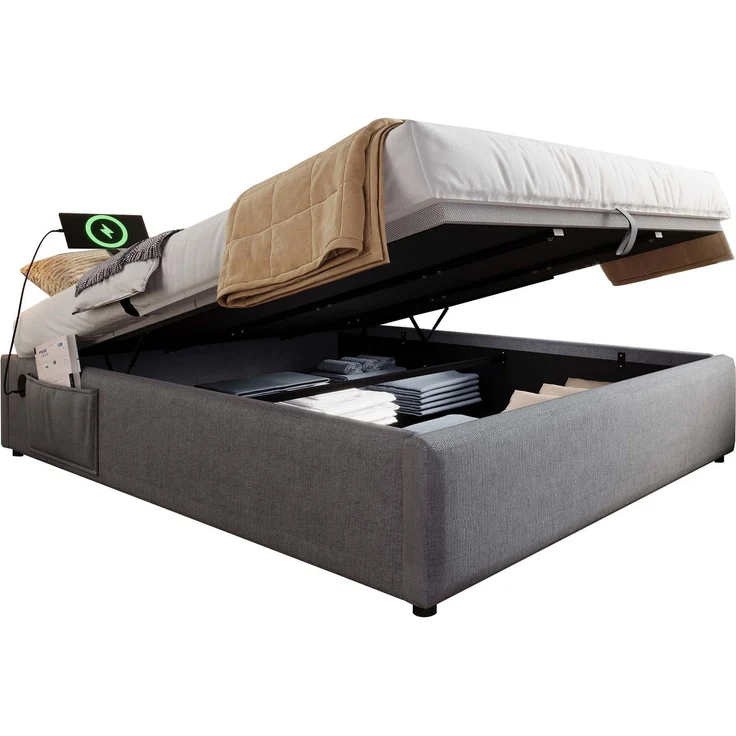 Polsterbett Einzelbett 140×200 cm,Tagesbett mit Stauraum, USB & Type-C Ladeanschlüssen, Leinenbezug,in Grau – Bild 10