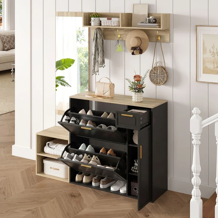 Garderoben-Set 139,5x35x166 cm in Natur/Schwarz mit Schuhschrank, Bank, Paneel, Spiegel – Bild 3