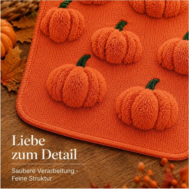 JASLIFE Tischläufer 3D Kürbis Herbstdeko (Einzelartikel, 1 Tischläufer), 3D-Kürbis-Motiv, flauschige Oberfläche, strukturierte Oberfläche – Bild 4
